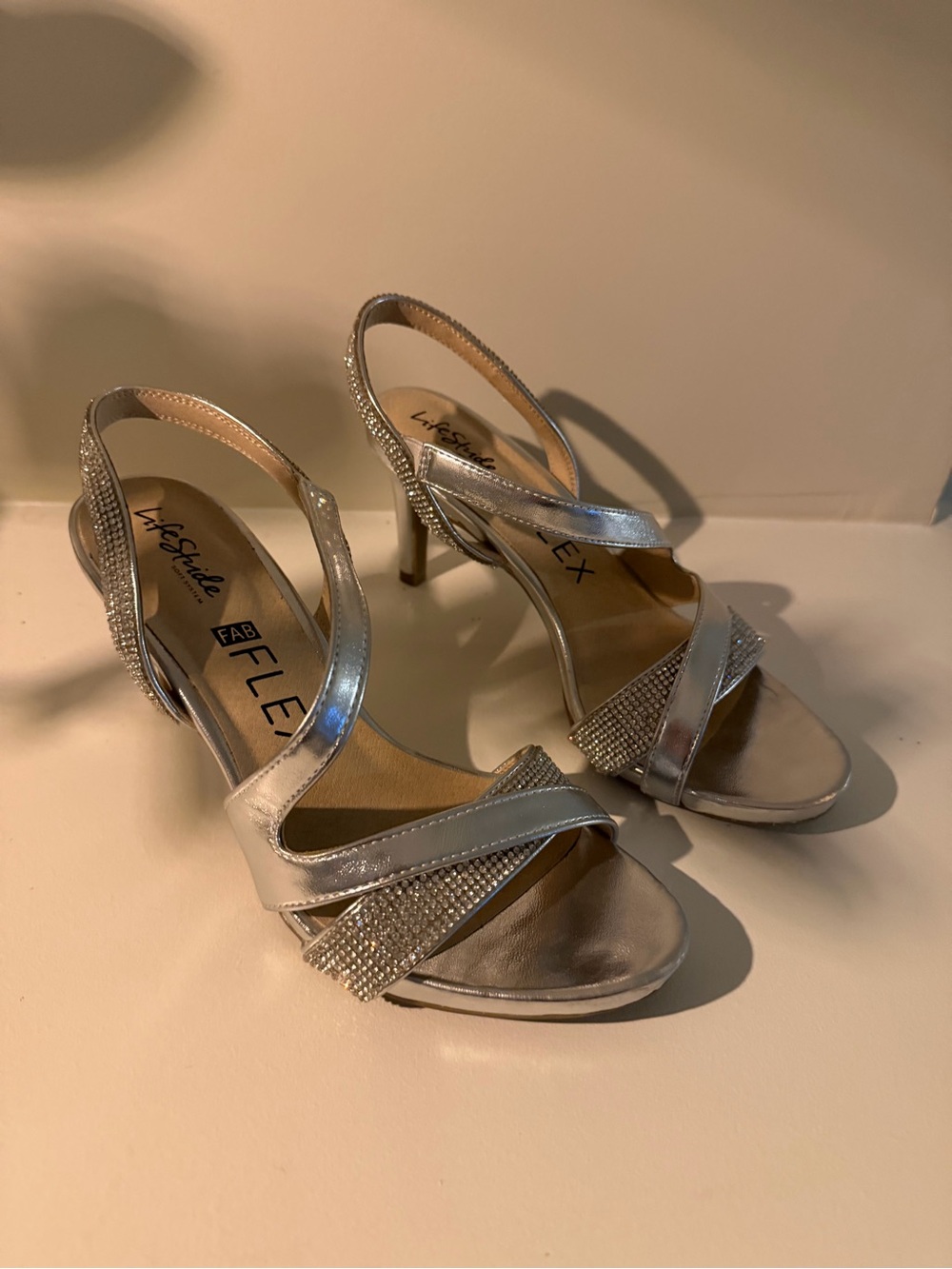 Life Stride Silver Rhinestone Slingback Heels